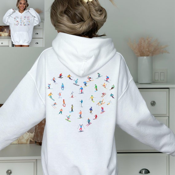 Sweat-shirt à capuche SKI, skieurs colorés et coeurs devant et dos