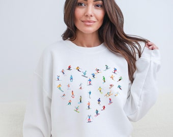 Heart Ski Sweatshirt,  Skiing Sweater  Minimal Apres ski Shirt Gift for Skier Holiday crewneck Christmas pullover Valentine hoodie