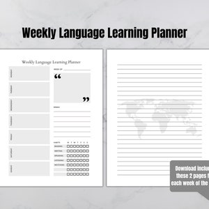 May include: A printable weekly language learning planner with a world map and a section for daily goals, quotes, and tracking progress in reading, writing, speaking, listening, and watching.