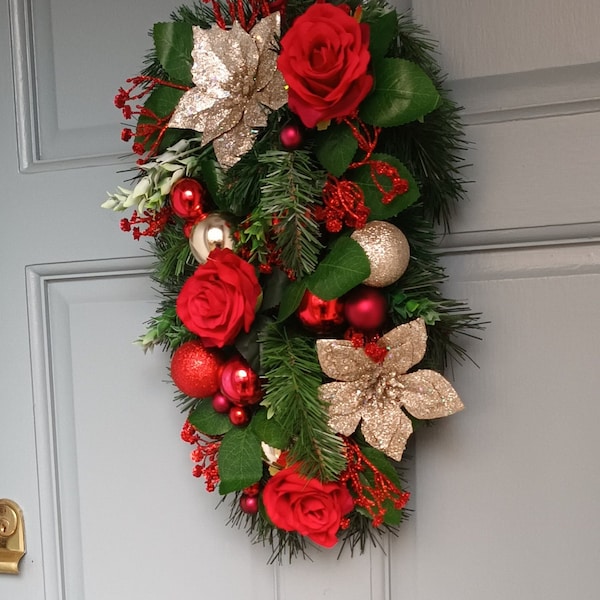 Poinsettia Wreath Swag, Christmas wreath, door decoration, Glitter wreath, Teardrop wreath