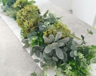 Guirlanda de eucalipto e hortênsia – Caminho de mesa com folhagem artificial