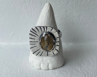 Handmade Sunburst Golden Rutile Quartz Sterling Silver Ring - Size U