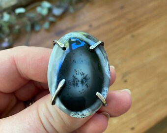 One of a kind, hand made, big dendritic opal ring in sterling silver, size V