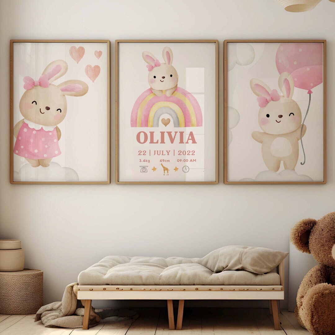Printable Set of 3 Cute Bunny Wall Art Print, Personalised Baby Girl ...