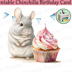 Tarjeta de cumpleaños de chinchilla con cupcake, pintura de estilo de arte de acuarela digital imprimible, plantilla de tarjeta de 5x7 más original de resolución completa