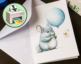 Chinchilla Birthday Card with balloon and butterfly, printable digital watercolor art style painting