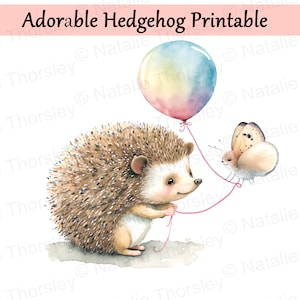 Cute hedgehog and butterfly with balloon watercolor style painting art for nursery printable digital download