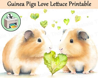 Guinea Pig Love Eating Lettuce, Watercolor style art painting, valentines, wedding or birthday day card template, printable digital download
