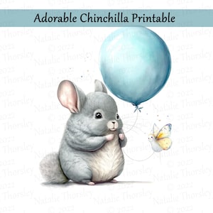 Cute chinchilla and butterfly with a balloon watercolor art style painting for nursery printable digital download