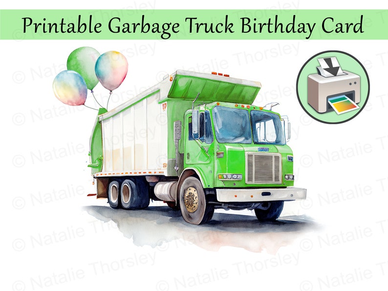 Garbage Truck Birthday Card, Printable Download Watercolor Style ...