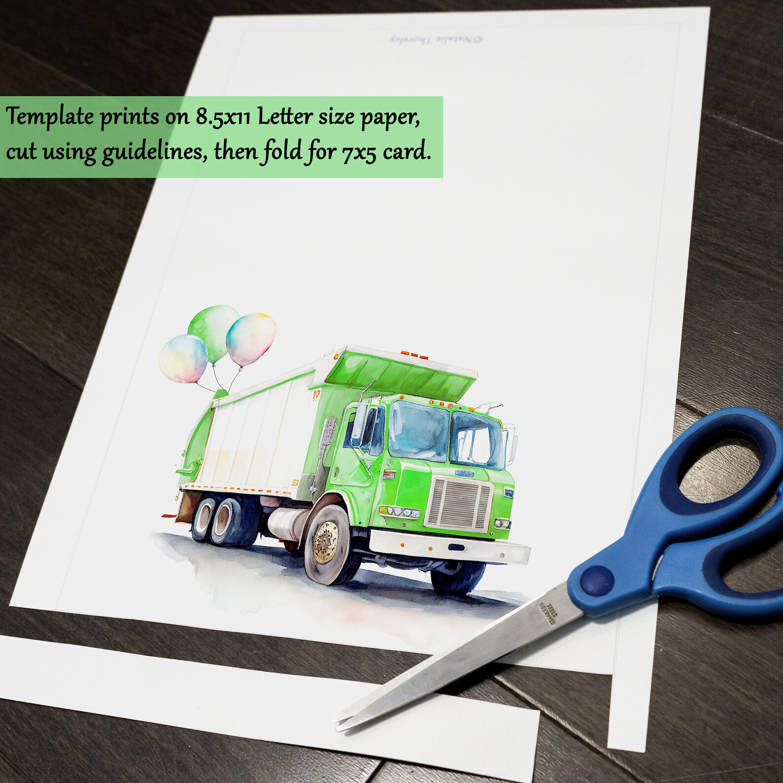 Garbage Truck Birthday Card, Printable Download Watercolor Style ...