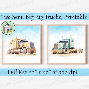 2 Semi Trucks, Big Rig 18 Wheeler Digitale Gemälde als druckbare digitale Dateien im Aquarell-Stil