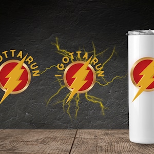 Puede incluir: Un vaso de acero inoxidable blanco con un gráfico de rayo rojo y dorado y el texto "I Gotta Run".
