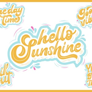 Può includere: Un set di cinque citazioni motivazionali scritte a mano colorate. Le citazioni sono "One day at a time", "Hello Sunshine", "Good vibes", "Chill out" e "You got this".