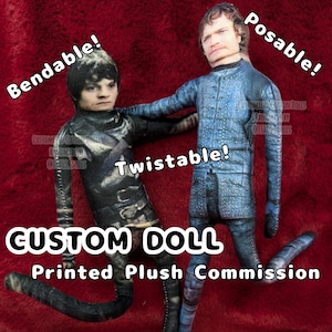 May include: Two custom printed plush dolls, one in black and one in blue, with the words "Bendable!", "Twistable!", and "Posable!" written on the image. The words "CUSTOM DOLL Printed Plush Commission" are also visible.