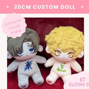 May include: Two 20cm custom plush dolls with embroidered features. The left doll has brown hair and a blue star chest design. The right doll has yellow hair and a green chest design. Text on the image reads 20CM CUSTOM DOLL and CREATE YOUR OWN.