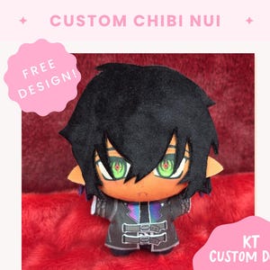 May include: A plush doll with black hair, pointed ears, and bright green eyes. The doll wears a dark jacket with two silver buckle details and a purple gradient accent. Text on the image reads CUSTOM CHIBI NUI, FREE DESIGN, and KT CUSTOM DOLLS.