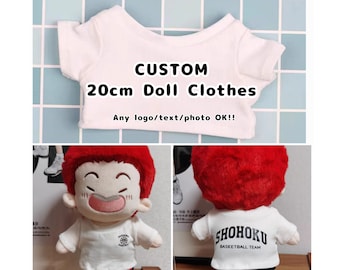 Roupas de boneca personalizadas de 20 cm | Camiseta | Roupas de pelúcia | Camiseta personalizada com qualquer logotipo, fotos e impressão de texto