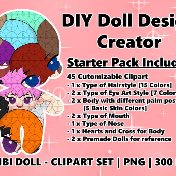 DIY Doll Design Art Creator - Chibi Doll Base / Clipart / Fondo transparente PNG / Imprimible / Dibujo pintado a mano Ilustración Ilustración