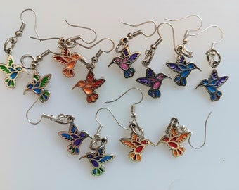 Cute Dangling Hummingbird Earrings, Dainty Earrings, Bird Earrings, Stained Glass Hummingbirds, Girls Earrings, Women Earrings