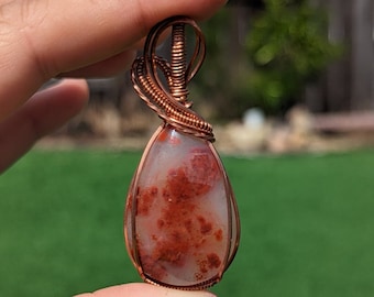 Red Lodolite Necklace in Copper, Wire Wrapped Cabochon Pendant. Red Garden Quartz Cabochon.