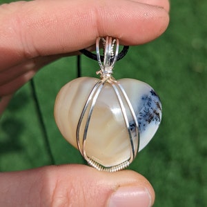 Dendritic Agate Heart Necklace, Crystal Wire Wrapped Pendent or Necklace, Hand Made