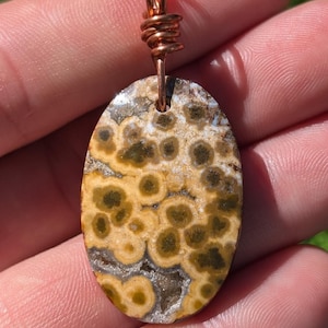 May include: Oval-shaped pendant made of brown and yellow leopard skin jasper with a copper wire bail.