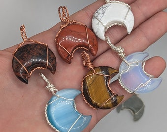 Wire Wrapped Moon Crystal Necklace,  Hand Made pendant