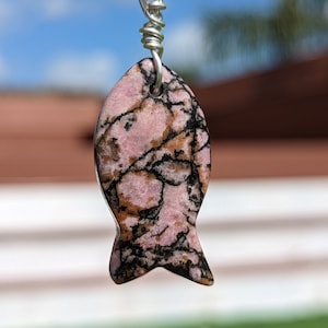 Crystal Fish Necklace, Rhodonite Fish Necklace, Pendant, Hand wrapped Wire Bail, Unique Necklace. R 2