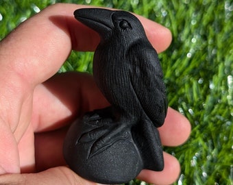 May include: A black raven figurine with detailed feather carvings. The raven is perched on a small, textured base. The figurine is held against a backdrop of green grass.
