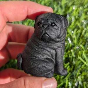 Crystal Pug Dog Carving 2.2&quot; Obsidian Dog, Stone Dog. Obsidian Black Dog Carving. Pug Figure for gift or collectors