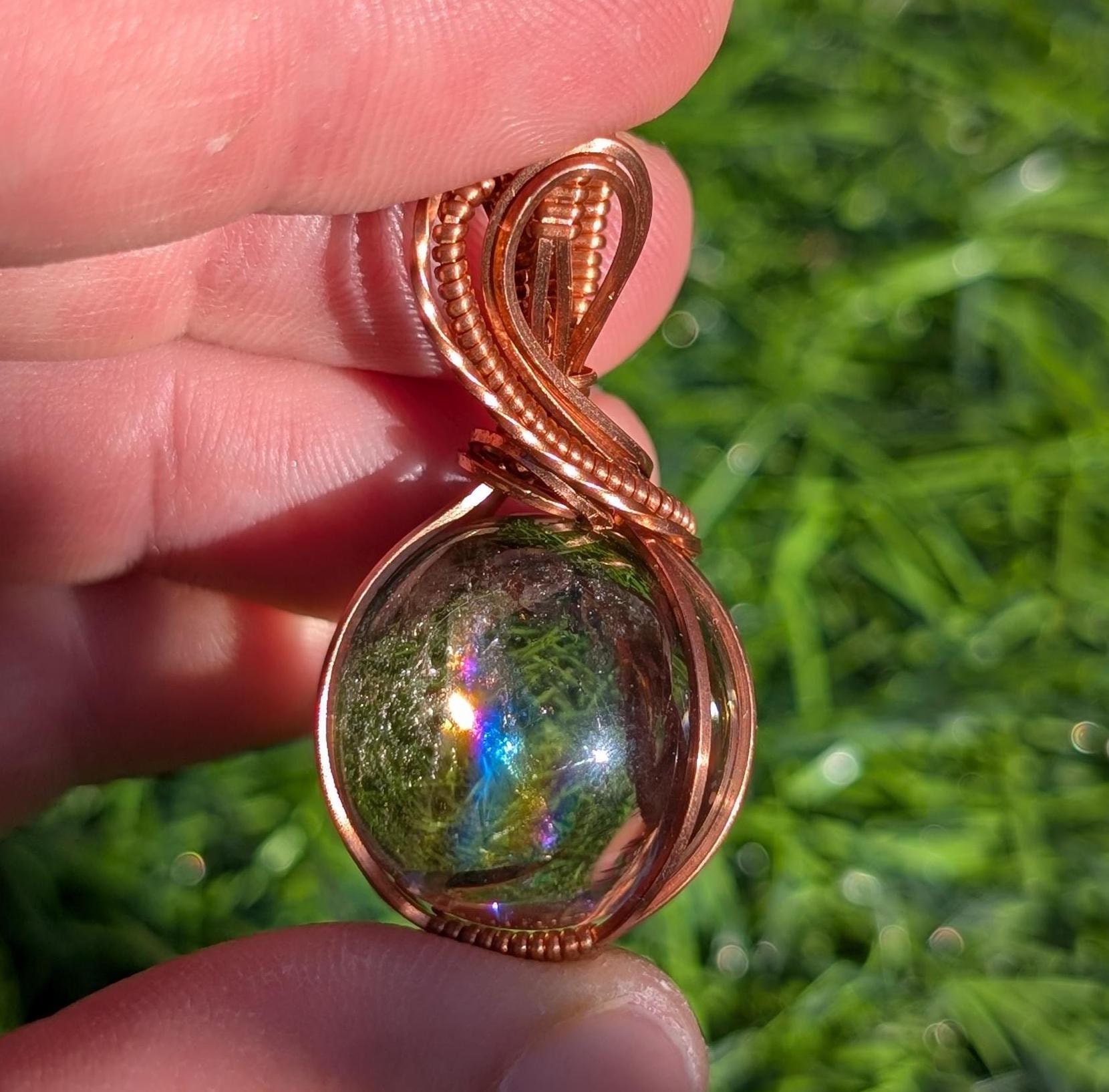 Crystal Ball Necklace Pendant Smokey Quartz with Rainbow. Mini Sphere Wire Wrapped, copper wire Ball 25