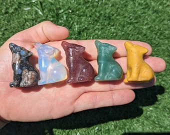 Crystal Wolf Carving 1.5"+, free standing, Que Sera, Opalite, Strawberry Quartz, Green Aventurine, Yellow Jade.