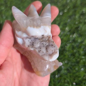 Druzy Agate Dragon Skull, 3&quot;, Crystal Dragon Head, Skull, hand carved.  white and tan Striped druzy agate dragon