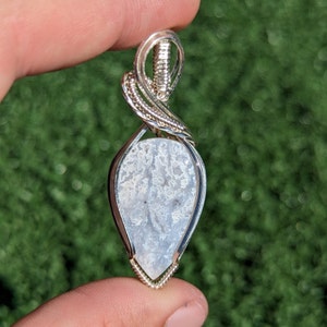 White Plume Agate Necklace,  Silver craft wire wrapped, teardrop pendant. BW.4