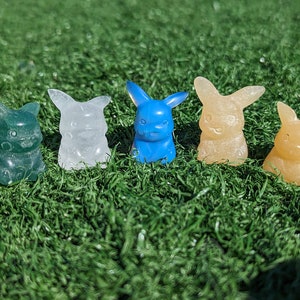 Crystal Pikachu mini carving 1&quot;, free standing, Green Aventurine, Quart, Blue Opalite, Yellow Calcite