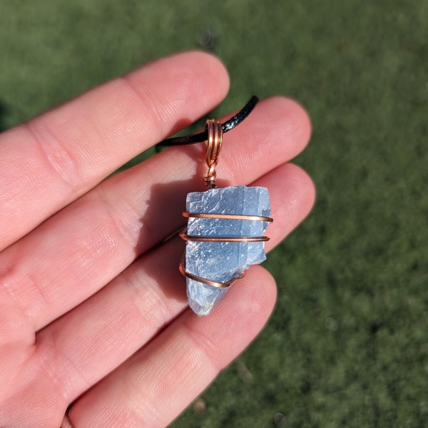 Blue Calcite Rough Crystal Wire Wrapped Raw Stone Pendant or Necklace  BC3