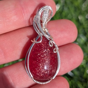 Strawberry Quartz Pendant or Necklace, silver plated craft wire wrapped Strawberry Quartz Necklace Wire Wrapped Crystal Cabochon