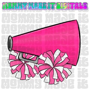 Puede incluir: Un meg&aacute;fono rosa con un asa plateada y dos pompones rosas y blancos. El texto "MOMMY MADE IT DIGITALS" est&aacute; en la parte superior de la imagen.