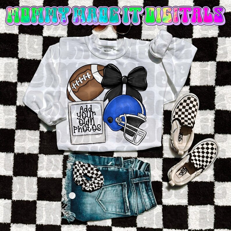 May include: A white long-sleeved shirt with a football, a black bow, and a blue helmet graphic. The shirt is paired with denim shorts, checkered scrunchie, and checkered slip-on shoes. The text "Add your own photos" is also on the shirt.
