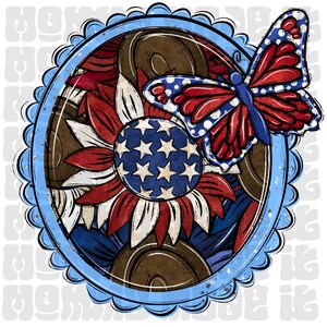May include: A patriotic design featuring a sunflower with a star-studded center and red and white petals, framed by a blue scalloped border. A butterfly with red and blue wings is perched above the flower, creating a festive, Americana theme.