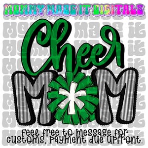 Green Cheer Mom PNG: Coquette Bow Pompoms - Digital Design