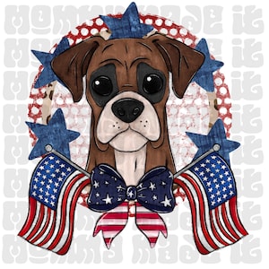 Boxer Dog Cute Sublimation Dog Lover DTF Png | Fourth of July | RWB | Patriotic Digital Design | Coquette American Flag Bow | Stars Png