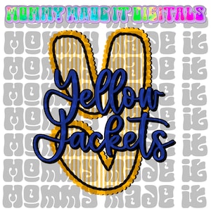 May include: A digital design featuring the words "Yellow Jackets" in a blue script font, set within a peace sign shape. The peace sign has a yellow outline and a yellow and white striped interior. The text "Mommy Made It Digitals" is at the top.