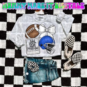 May include: A white long-sleeved shirt with a football, bow, and blue helmet graphic, paired with denim shorts, checkered scrunchie, and checkered slip-on shoes. The shirt includes the text "Add your own photos". The background is a black and white checkered pattern.