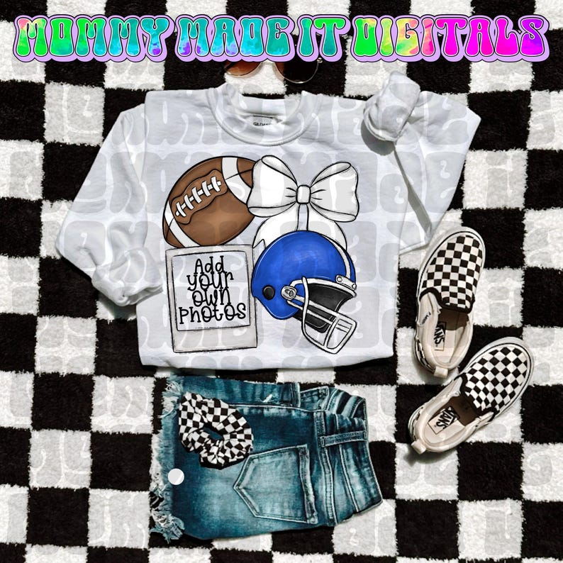 May include: A white long-sleeved shirt with a football, bow, and blue helmet graphic, paired with denim shorts, checkered scrunchie, and checkered slip-on shoes. The shirt includes the text "Add your own photos". The background is a black and white checkered pattern.