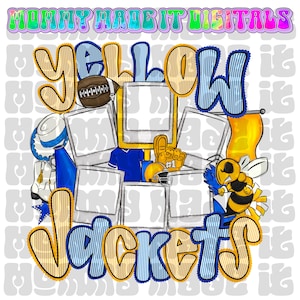 Puede incluir: Diseño digital con las palabras "YELLOW JACKETS" en amarillo y azul, con un balón de fútbol, postes de portería y otros elementos deportivos. El texto "MOMMY MADE IT DIGITALS" está en la parte superior.