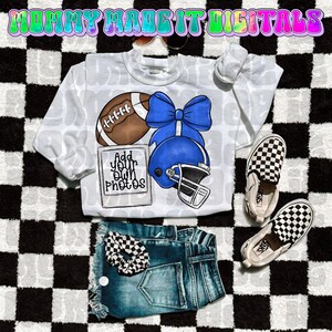 May include: A white long-sleeved shirt with a football, blue bow, and helmet design, paired with denim shorts, checkered scrunchie, and checkered slip-on shoes. The shirt includes a space to add photos. The background is a black and white checkered pattern.