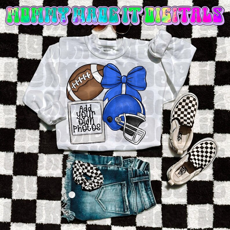 May include: A white long-sleeved shirt with a football, blue bow, and helmet design, paired with denim shorts, checkered scrunchie, and checkered slip-on shoes. The shirt includes a space to add photos. The background is a black and white checkered pattern.