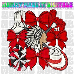 Pode incluir: Gr&aacute;fico digital com o texto "MOMMY MADE IT DIGITALS" no topo. A imagem apresenta um perfil nativo americano, la&ccedil;os vermelhos, um pompom de l&iacute;der de torcida, uma bola de futebol, um dedo de espuma n&ordm; 1 e uma bota branca.